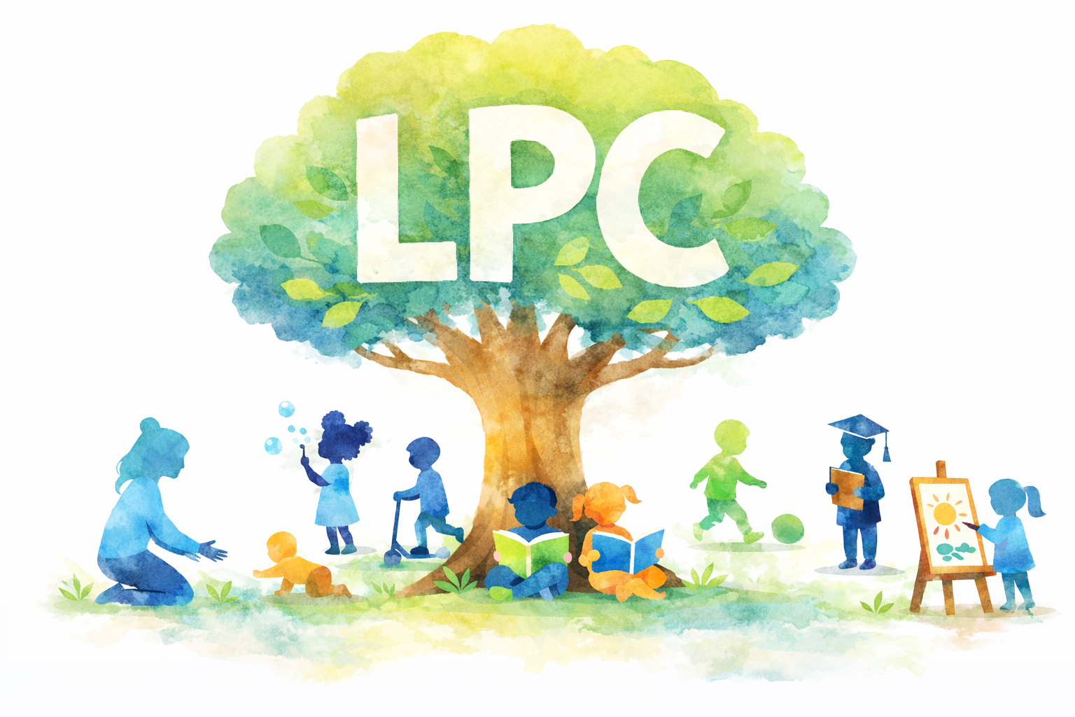 LPC Family Tree - watercolor illustration of children and teachers around a tree